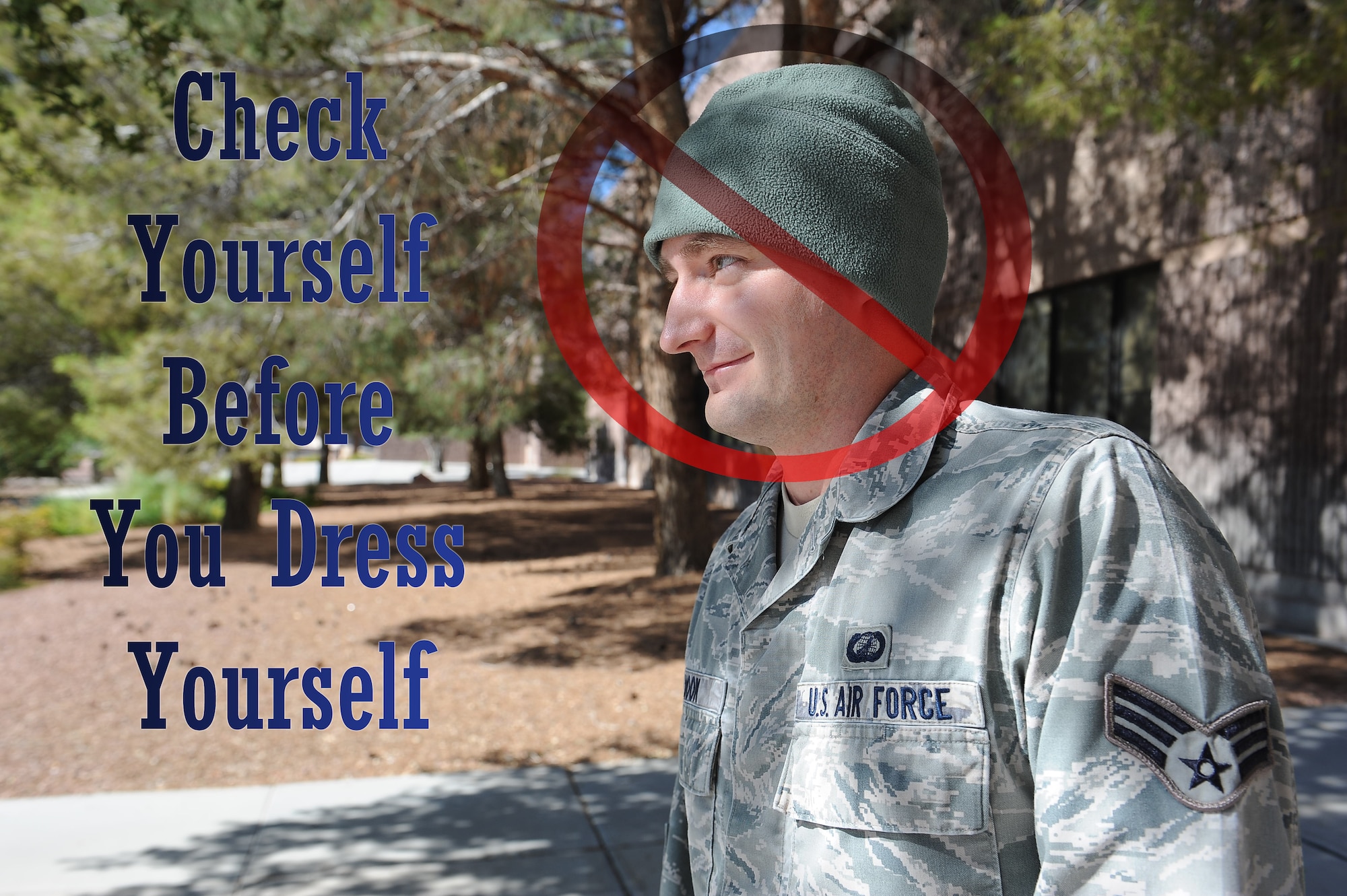 As the cooler winter months approach, it is important to remember to comply with Air Force Instruction 36-2903, Dress and Personal Appearance of Air Force Personnel, when dressing for the day. According to AFI 36-2903, the watch cap may be worn only when approved by the installation commander and only when wearing the Airman Battle Uniform’s authorized outer garments or Physical Training uniform. (U.S. Air Force photo illustration by Airman 1st Class Thomas Spangler)