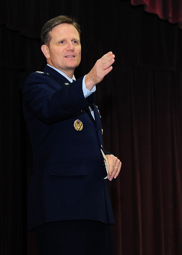 Col. Jefferson Dunn, Commander of the Thomas N. Barnes Center for Enlisted Education on Maxwell Air Force Base, Alabama, addresses the crowd during his graduation speech for class 14-15 at the Kaye Auditorium Oct. 3. During his speech, Dunn expressed to the audience why it is so great to be an American Airman. (U.S. Air Force Photo/Senior Airman Stephanie Englar)