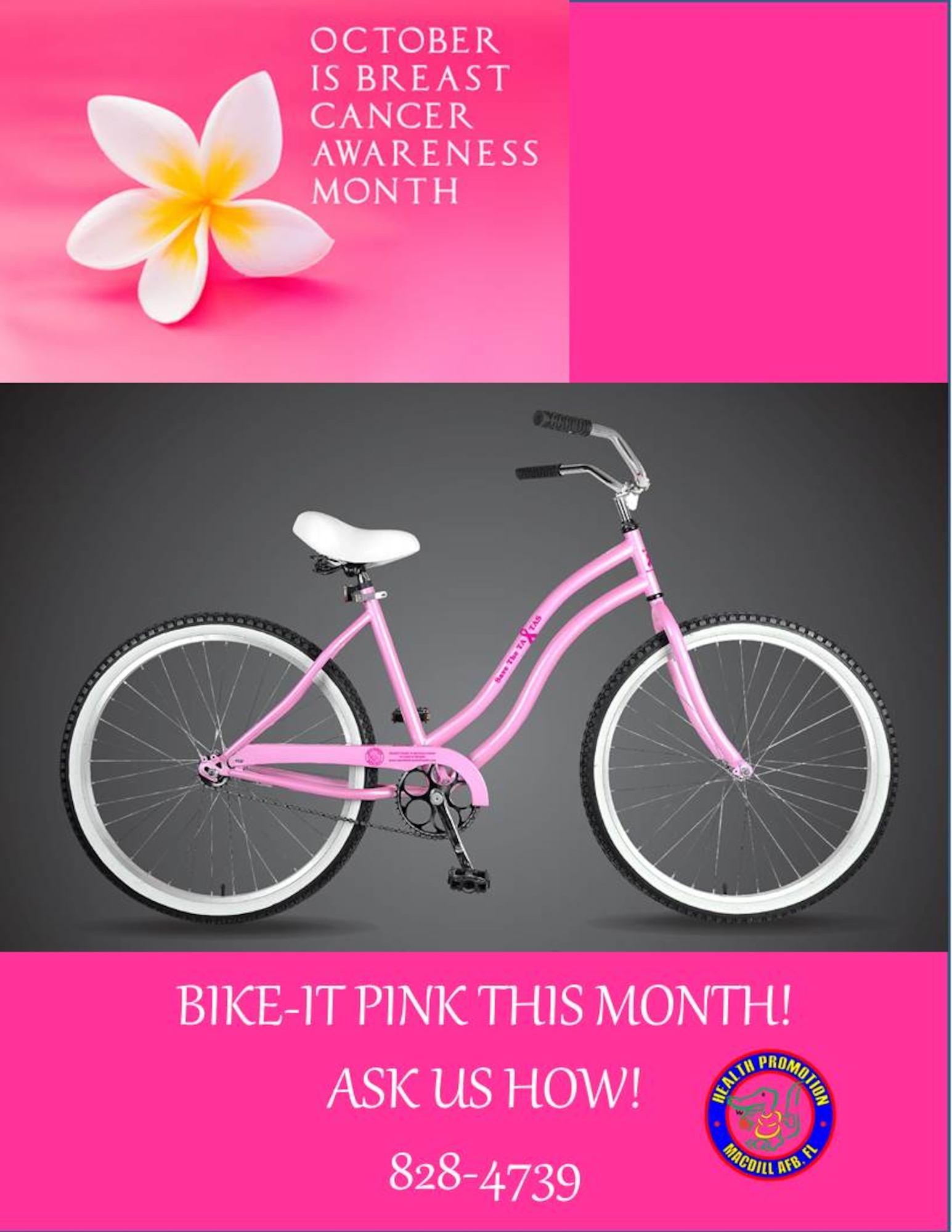 The 6th Aerospace Medicine Squadron Health Promotion Services, formerly known as the Health and Wellness Center, has come up with a unique way to help spread the word for Breast Cancer Awareness Month, with an initiative program, “Bike-It Pink.” During the entire month of October along with renting pink bicycles and gear, people receive complimentary goodies and educational information on women’s health and breast cancer.(courtesy graphic)