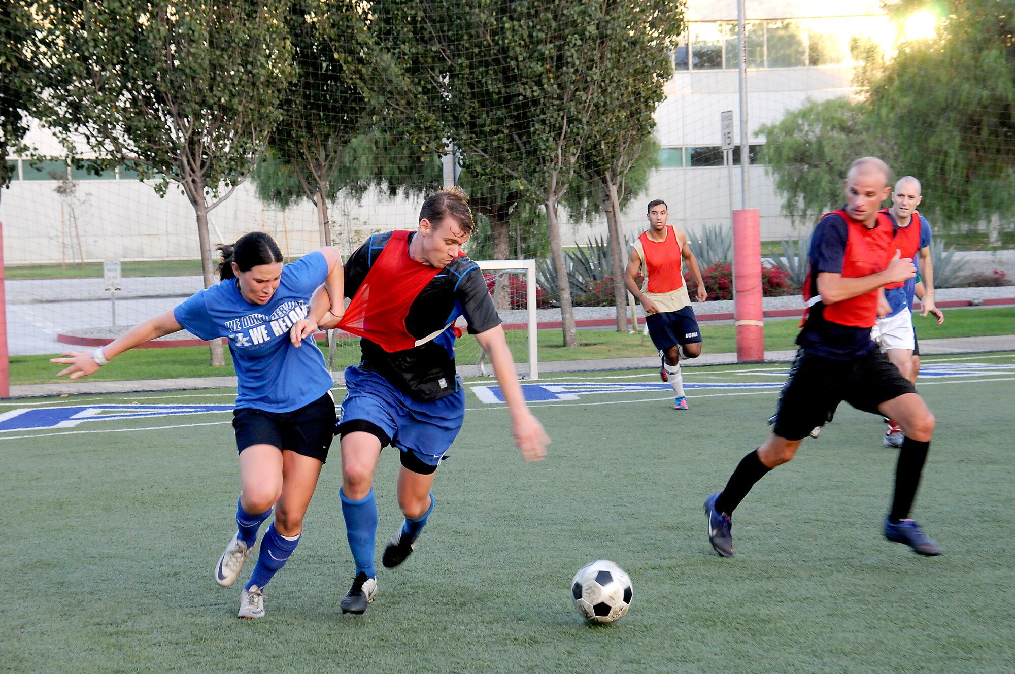 Space and Missile System Center (SMC) Remote Sensing Systems Directorate (RS) team “A” beat out SMC Launch and Range Systems Directorate (LR) in the Los Angeles Air Force Base soccer playoffs, Oct 8, 2014. LR took the first game 3 to 1 over RS but RS came back to force the playoff and won 2 to 1 over LR for the Championship win. Photo by Joe Juarez