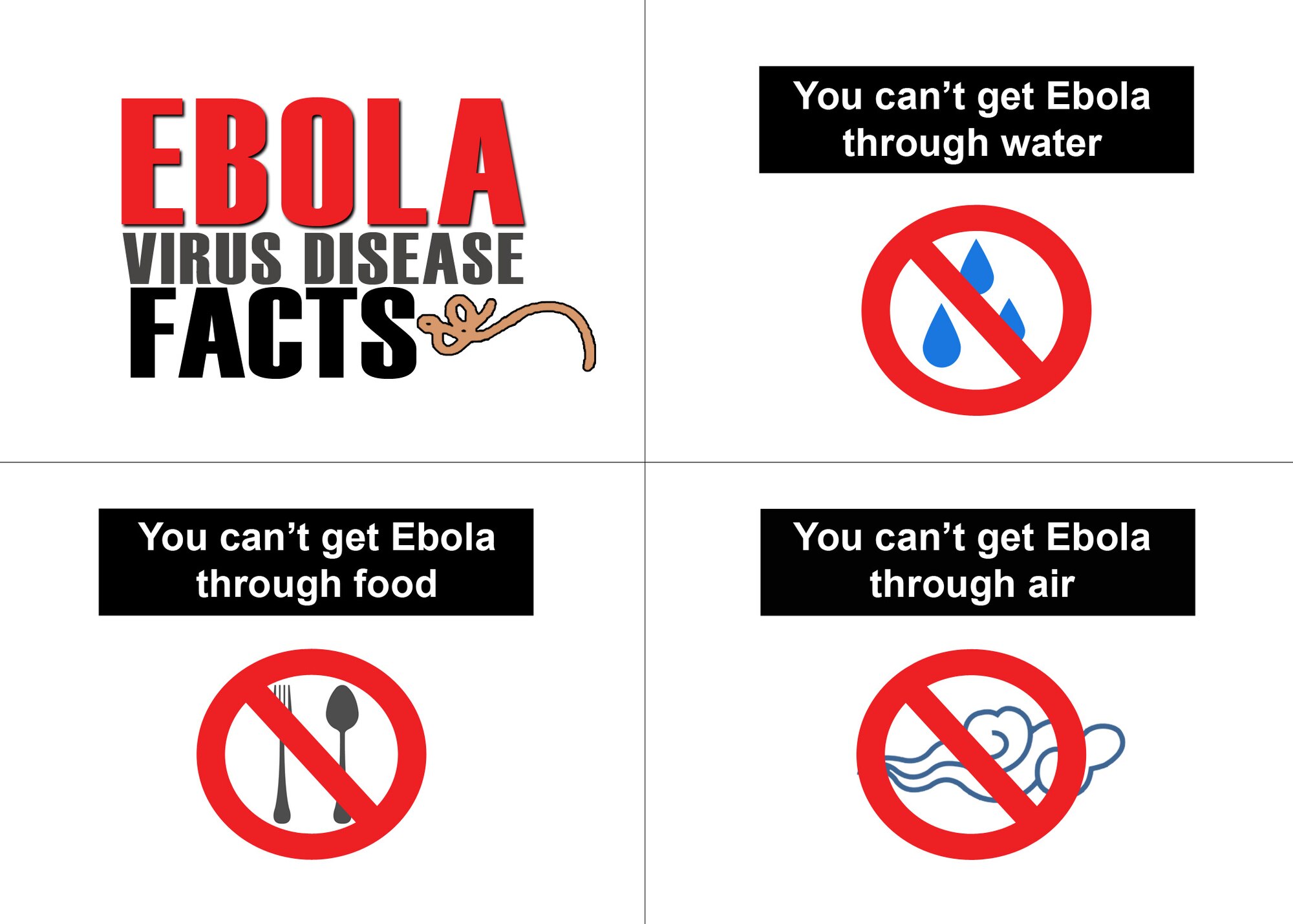 According to the Centers for Disease Control and Prevention, the Ebola Virus Disease can only be transmitted through blood or bodily fluids, like urine, saliva and feces, objects like syringes and needles, and through infected animals. The virus is not spread through the air, or by water or food. (U.S. Air Force graphic by Senior Airman Aubrey White/Released)