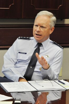 Air Force Life Cycle Management Center’s new commander, Lt. Gen. John Thompson, is excited about leading the center and charting its future: “My firm belief is that we’re on the right path and that my job is to keep us on that path while navigating some of the ‘potholes’ that we will find along the way, and then maybe putting our feet collectively on the accelerator to go a little faster.” (Air Force photo by John Scaggs)