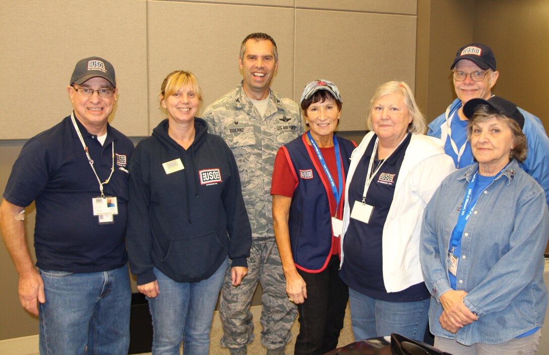 The commander of the 932nd Airlift Wing, Col. Karl Goerke, spent some time welcoming and talking with the volunteers of the Saint Louis USO at the recent Red Cross blood drive held in the Air Force Reserve Command unit's auditorium.  These men and women spent an afternoon helping to feed those military and civilians who gave blood to save lives.  (U.S. Air Force photo/Maj. Stan Paregien)