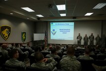 The 51st Maintenance Group holds a briefing on the results of their Maintenance Verification Process Sept. 11, 2014, at Osan Air Base, Republic of Korea. The maintenance verification process was a comprehensive review of the group's actual capabilities compared against what's required in the operations plan. (U.S. Air Force photo by Staff Sgt. Jake Barreiro)