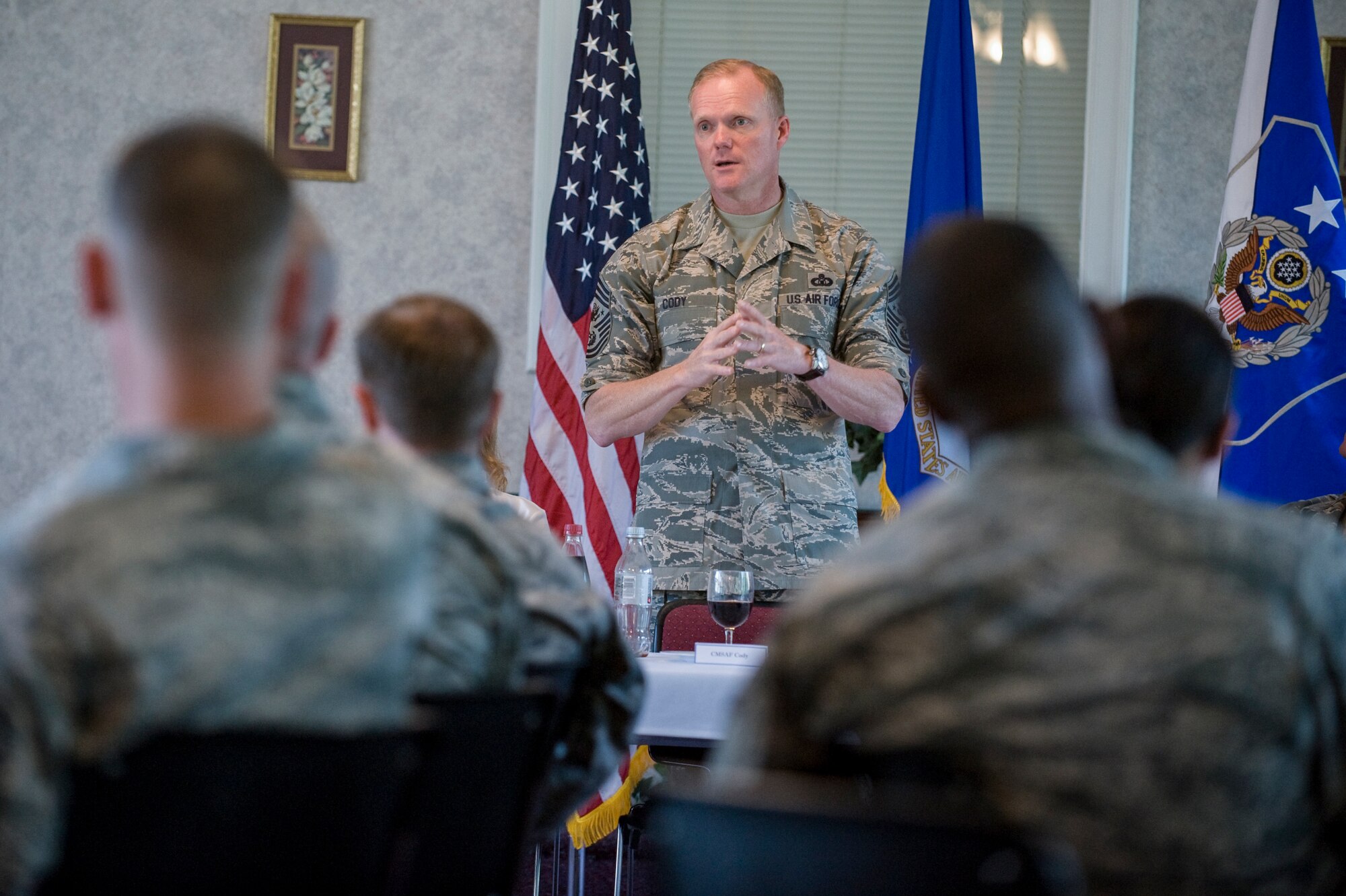 Chief Master Sgt. of the Air Force James Cody talks with first sergeants at Seymour Johnson Air Force Base, North Carolina, Oct. 9. While at Seymour Johnson AFB, Cody paid visits to several units throughout the 4th Fighter Wing as well as the base’s Reserve component, the 916th Air Refueling Wing. (U.S. Air Force photo/Staff Sgt. Michael Charles)