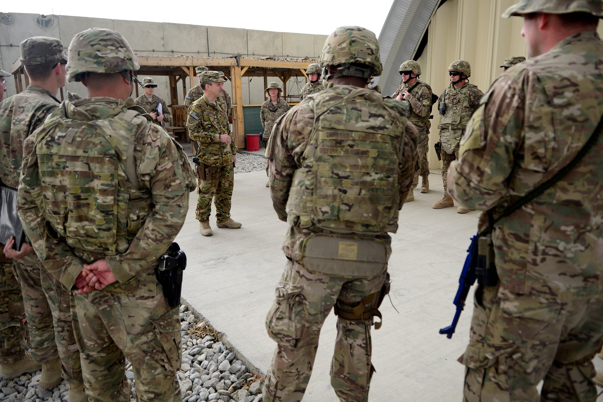 U.S. Air Force Lt. Gen. John Hesterman, U.S. Air Forces Central Command commander, speaks with Airmen from the 455th Expeditionary Communications Squadron at Bagram Airfield, Afghanistan Oct. 7, 2014.  Hesterman visited several units and thanked Airmen for their service.  (U.S. Air Force photo by Staff Sgt. Evelyn Chavez/Released)