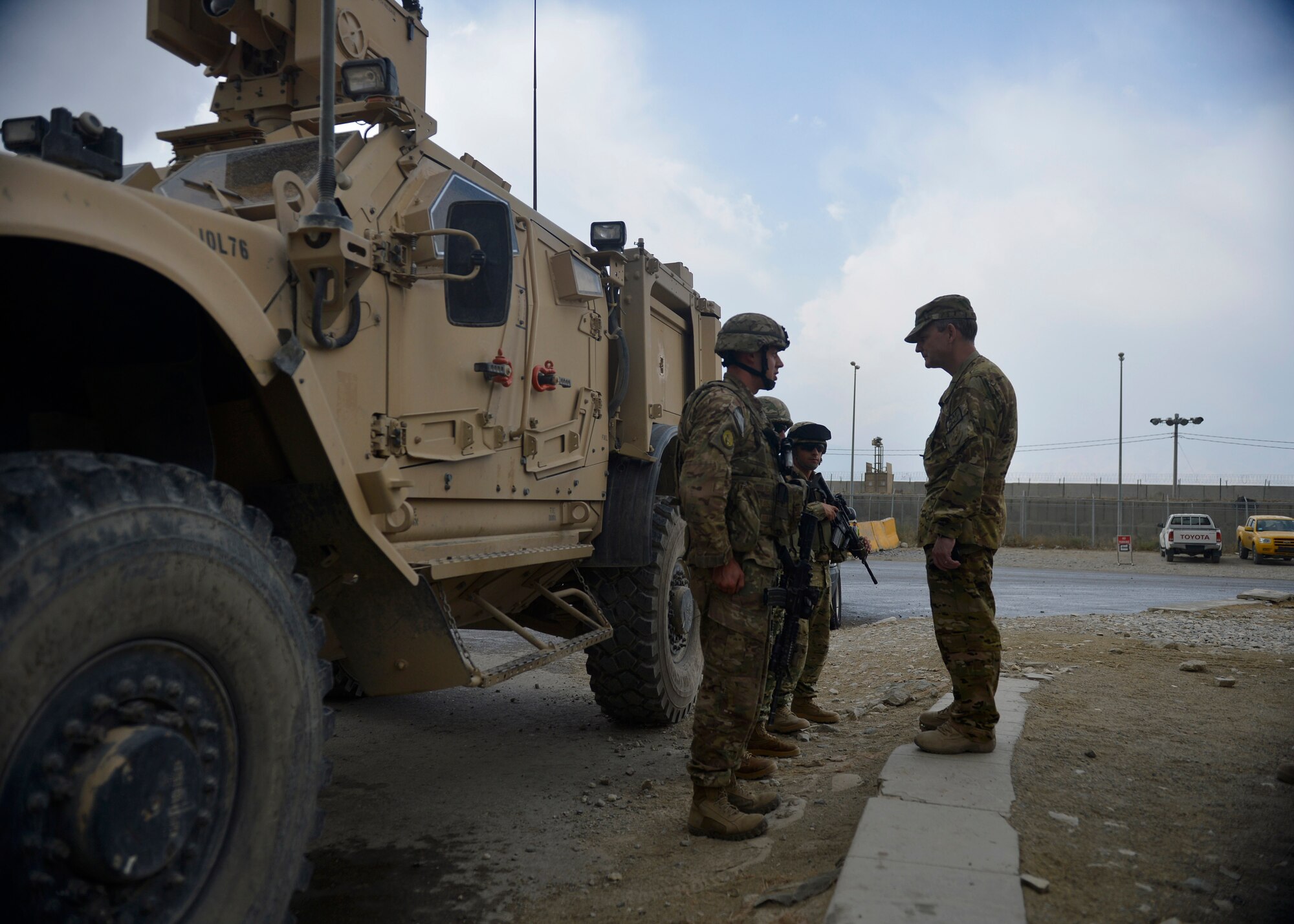 U.S. Air Force Lt. Gen. John Hesterman, U.S. Air Forces Central Command commander, speaks with Airmen from the 455th Expeditionary Base Defense Squadron at Bagram Airfield, Afghanistan Oct. 7, 2014.  Hesterman visited several units and thanked Airmen for their service.  (U.S. Air Force photo by Staff Sgt. Evelyn Chavez/Released)