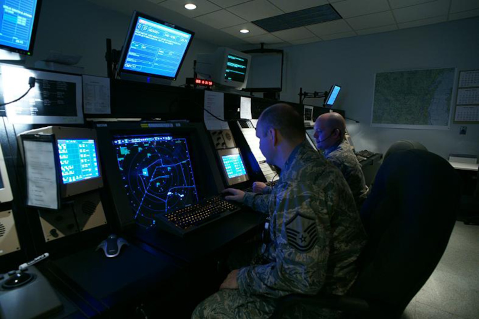 Wisconsin Air National Guard Airmen at work in the Volk Field Combat Readiness Training Center's Radar Approach Control Center. 