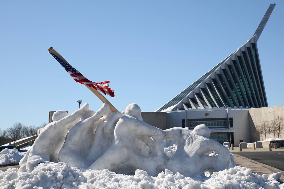 Marines sculpted a replica of the Iwo Jima memorial on Feb. 14 in front of the National Museum of the Marine Corps. 