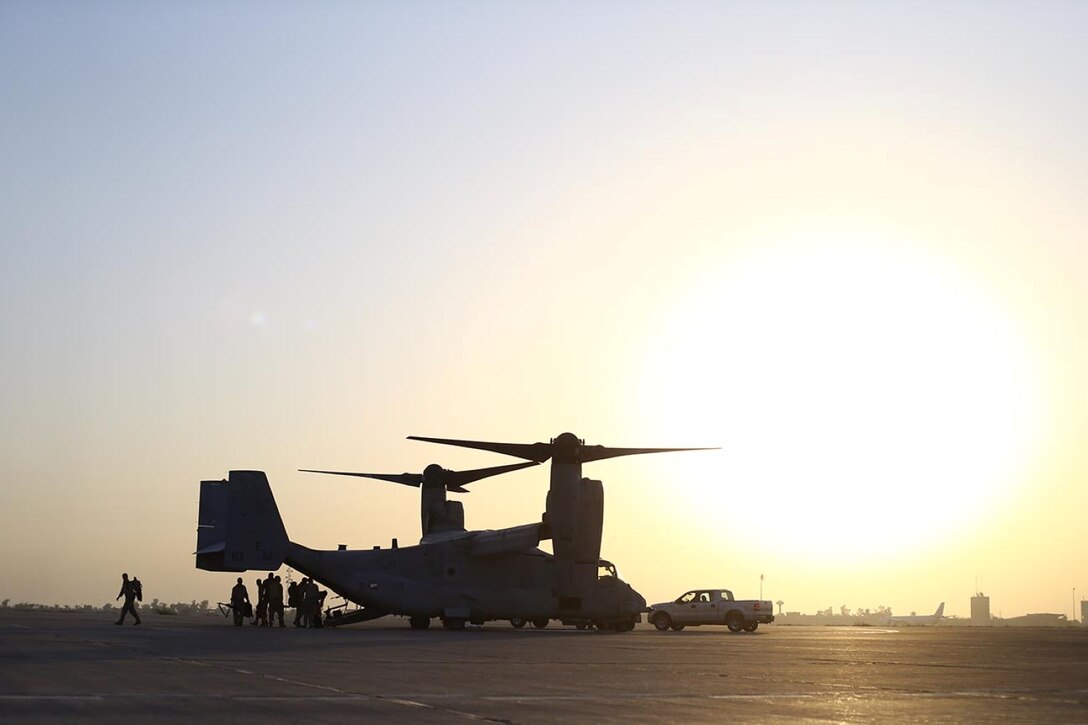 An MV-22B Osprey with Marine Medium Tiltrotor Squadron 261, transporting Marines from the 11th Marine Expeditionary Unit (MEU), prepares to depart for re-posturing in support of potential missions. The 11th MEU is deployed with the Makin Island Amphibious Ready Group as a theater reserve and crisis response force throughout U.S. Central Command and the U.S. 5th Fleet area of responsibility. (U.S. Marine Corps photo by Lance Cpl. Evan R. White/Released)