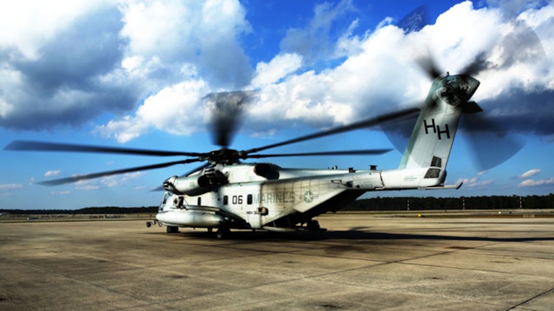 A CH-53E Super Stallion idles before take-off at Marine Corps Air Station Cherry Point, N.C., Oct. 8, 2014.