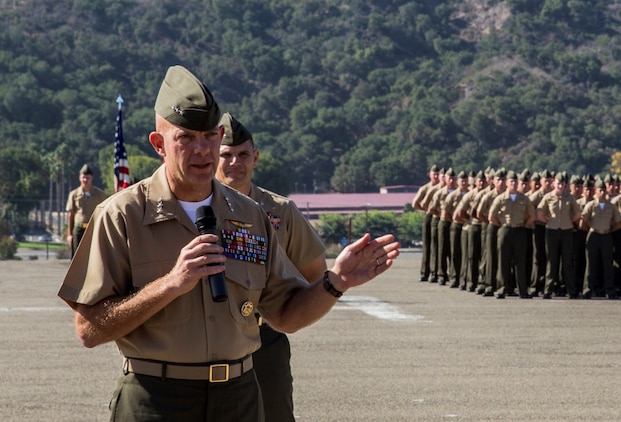 U.S. Marine Lt. Gen. David H. Berger addresses Marines from the 15th Marine Expeditionary Unit about the importance of their role in the unit’s success during the MEU’s composite ceremony aboard Camp Pendleton, Calif., Oct. 10, 2014. Berger is the commanding general of I Marine Expeditionary Force. (U.S. Marine Corps photo by Sgt. Emmanuel Ramos/Released)