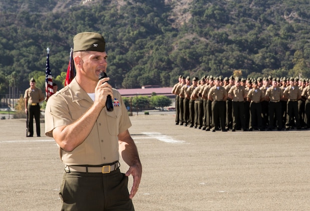 U.S. Marine Col. Vance L. Cryer addresses his Marines about the importance of Marine expeditionary units during the composite ceremony for the 15th Marine Expeditionary Unit aboard Camp Pendleton, Calif., Oct. 10, 2014. Cryer is the commanding officer of the 15th Marine Expeditionary Unit. (U.S. Marine Corps photo by Sgt. Emmanuel Ramos/Released)