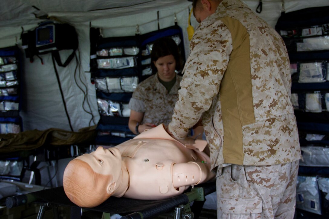Sailors with 1st Medical Battalion set up a medical dummy for a humanitarian assistance and disaster relief village during San Francisco Fleet Week 2014, Oct. 10. During the course of fleet week, Marines have been demonstrating assets available for the Bay Area in response to a sudden crisis. The intent is to showcase amphibious nature, readiness and the ability to respond to disasters and highlight the role the Navy-Marine Corps team can play in assisting disaster victims.