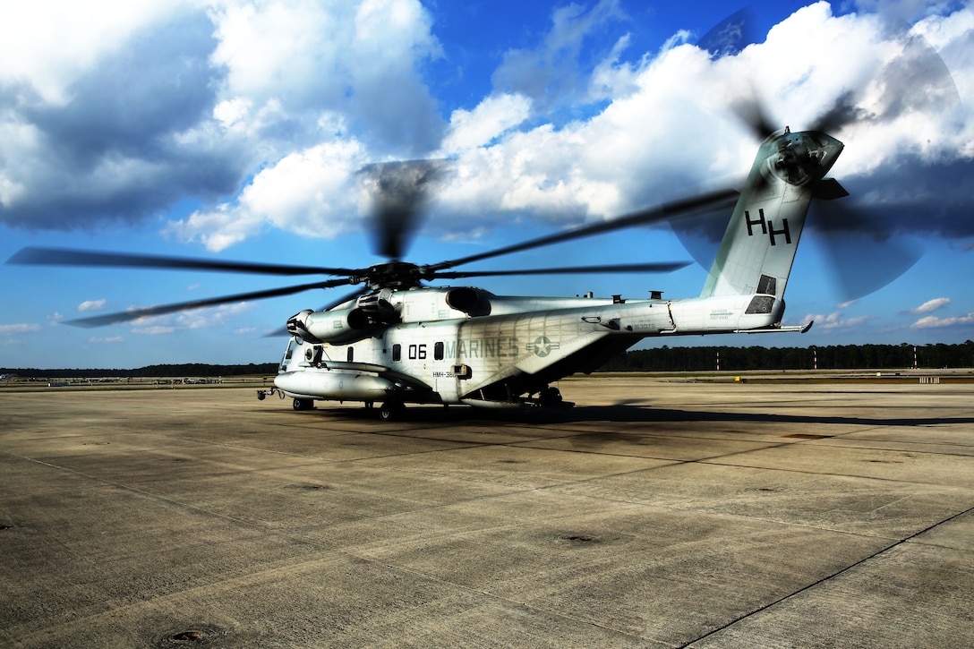 A CH-53E Super Stallion idles before take-off at Marine Corps Air Station Cherry Point, N.C., Oct. 8, 2014.