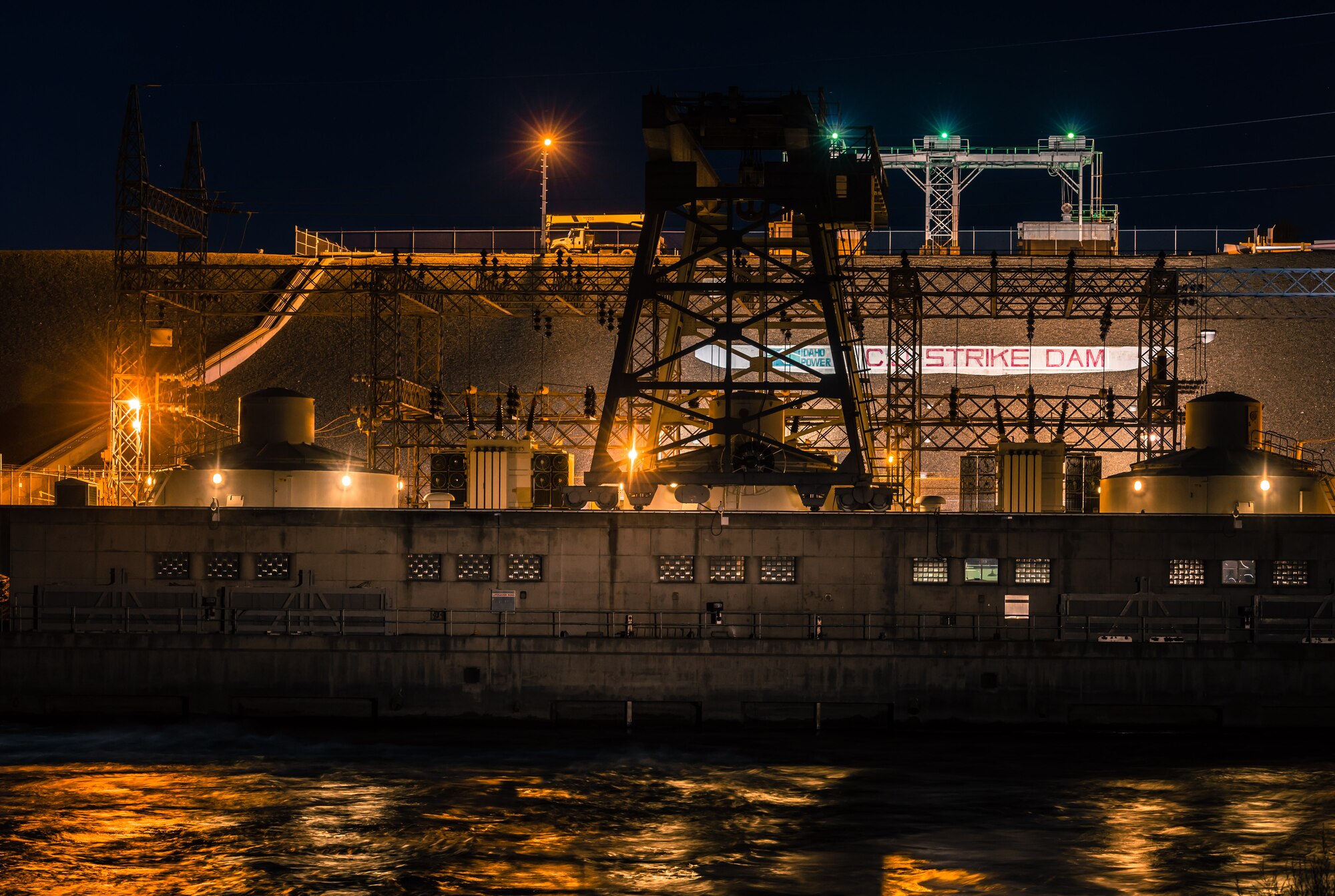 The C.J. Strike Dam, Idaho runs through the night to provide energy to the Treasure Valley region. The dam is able to produce more than 82 megawatts of power at a single time. (U.S. Air Force photo by Airman Connor J. Marth/RELEASED)