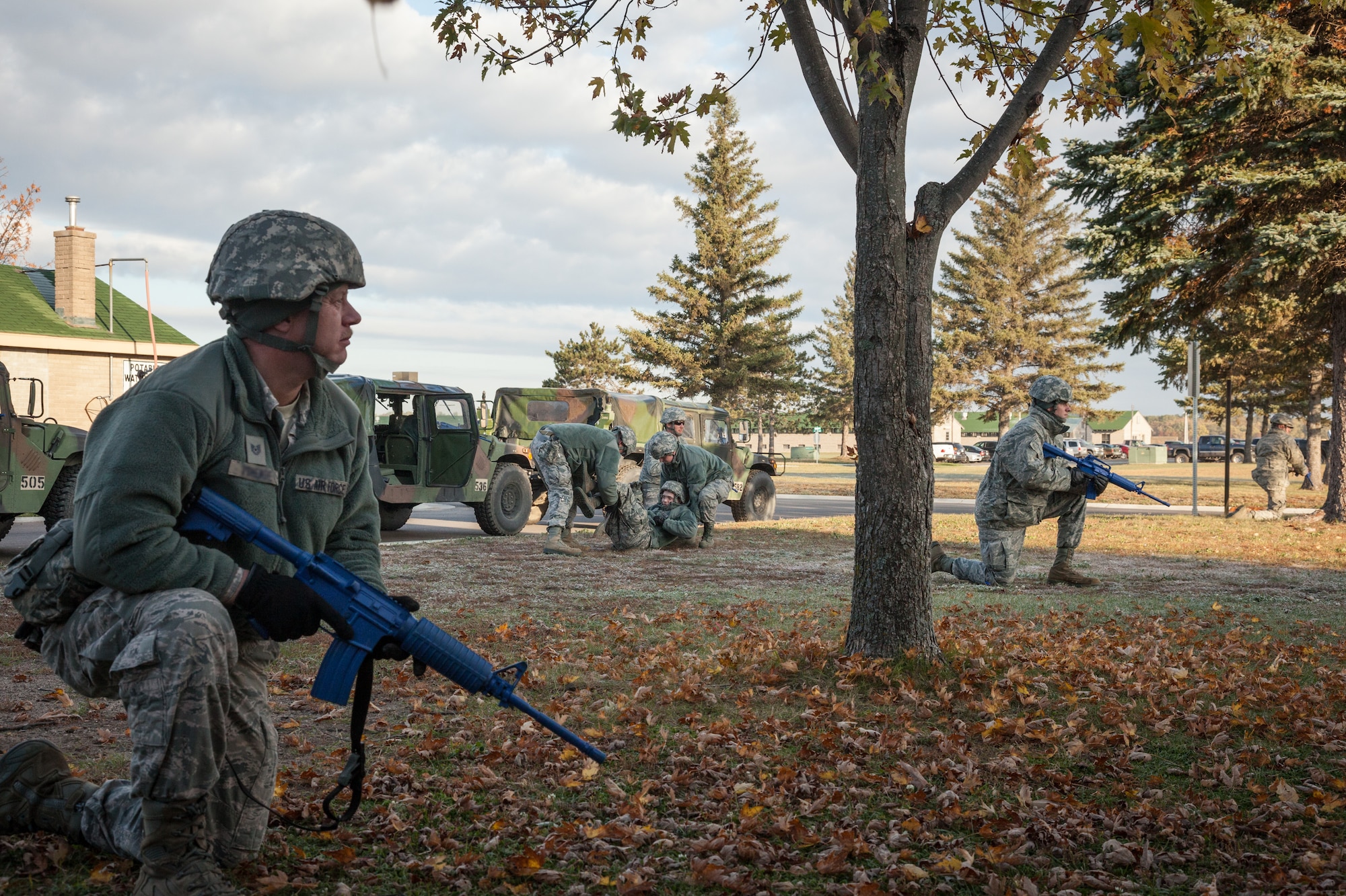 Members of the 934th Civil Engineer Squadron conduct bivouac training at Camp Ripley, Minn. The four day exercise will cover convoy operations, vehicle down/recovery drills, unexploded ordnance/improvised explosive devices, casualty evacuations, and more. (U.S. Air Force photos by Shannon McKay/Released)