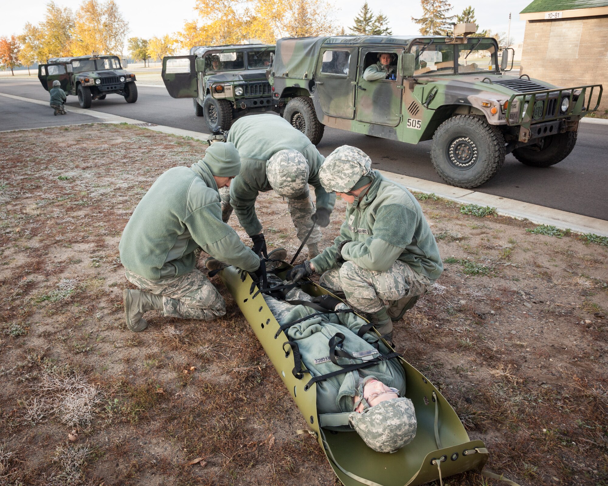 Members of the 934th Civil Engineer Squadron conduct bivouac training at Camp Ripley, Minn. The four day exercise will cover convoy operations, vehicle down/recovery drills, unexploded ordnance/improvised explosive devices, casualty evacuations, and more. (U.S. Air Force photos by Shannon McKay/Released)