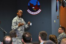 Gen. Darren McDew, Air Mobility Command commander, speaks to 916th Air Refueling Wing Airmen during his visit to Seymour Johnson Air Force Base, Sept. 23, 2014. McDew visited to meet the Airmen of the 916th ARW and its Total Force Associate partner, the 911th Air Refueling Squadron. (USAF photo by Staff Sgt. Alan Abernethy, 916ARW/PA)