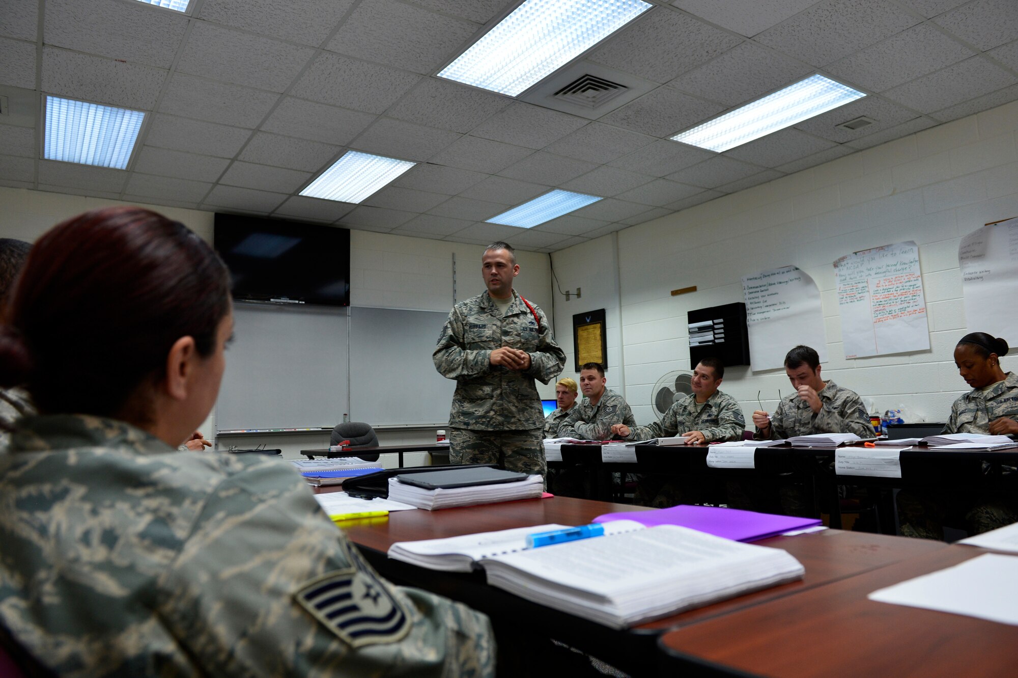 MCGHEE TYSON AIR NATIONAL GUARD BASE, Tenn. -- Tech. Sgt. Michael Hubbard teaches a lesson to his NCO Academy flight Oct. 2 here at the I.G. Brown Training and Education Center. Hubbard is a regular Air Force NCO Academy instructor stationed at Sheppard Air Force Base, in Texas. He served on temporary duty as an enlisted professional military education instructor for the Paul H. Lankford Enlisted PME Center. (U.S. Air National Guard photo by Master Sgt. Jerry Harlan/Released)
