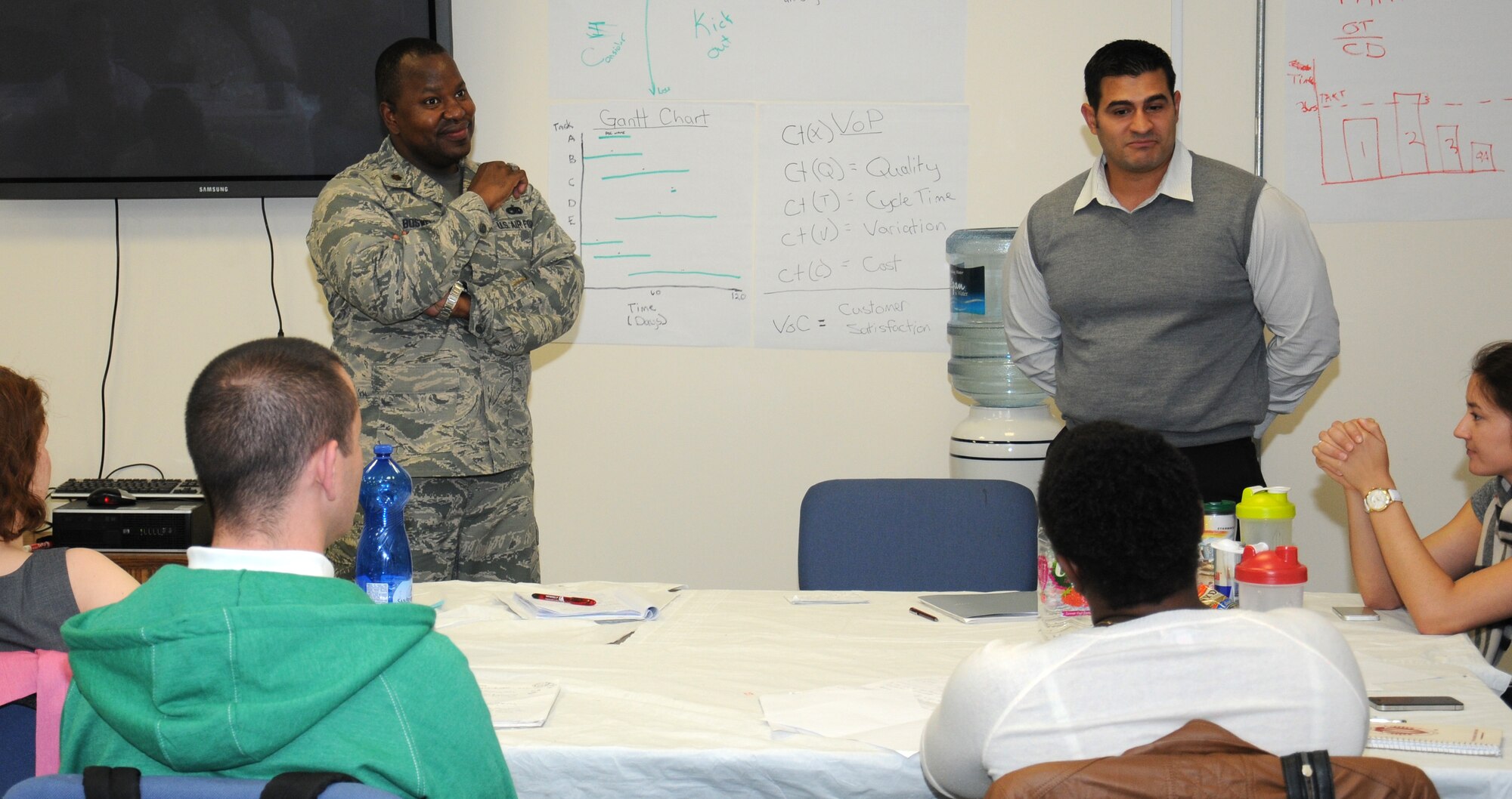 U.S. Air Force Maj. Michael Boswell, third from left, 100th Logistics Readiness Squadron commander, discusses potential improvement in current programs with Team Mildenhall members during an Air Force Smart Operations for the 21st Century class Sept. 26, 2014, on RAF Mildenhall, England. Team Mildenhall members came together to improve the processes that make the mission happen. (U.S. Air Force photo/Gina Randall/Released)