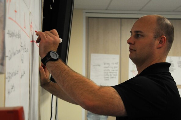 U.S. Air Force Tech. Sgt. Scott Eidson, 100th Air Refueling Wing Continuous Process Improvement Office superintendent from Odessa, Texas, makes notes on a chart to conclude a week-long Air Force Smart Operations for the 21st Century class Sept. 26, 2014, on RAF Mildenhall, England. Eidson taught Team Mildenhall members ways to improve the processes that make the mission happen. (U.S. Air Force photo/Gina Randall/Released)