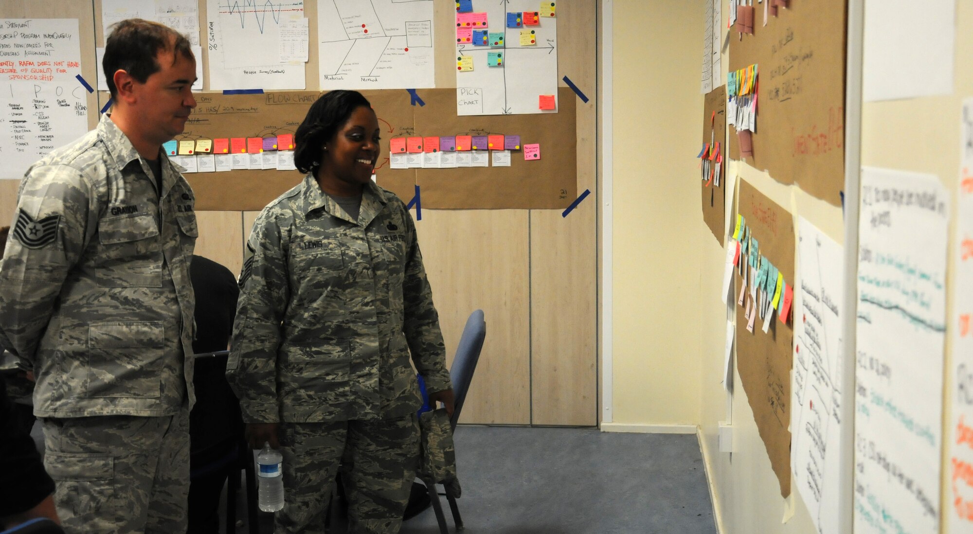U.S. Air Force Tech. Sgt. Michael Graydon, left, 100th Logistics Readiness Squadron NCO in charge of customer support from Belvidere, Ill., and U.S. Air Force Master Sgt. Vivian Lewis, 100th LRS commander’s support staff section chief from Vancouver, Wash., review charts made by class members during an Air Force Smart Operations for the 21st Century class Sept. 26, 2014, on RAF Mildenhall, England. Team Mildenhall members came together to brainstorm ways to improve the processes that make the mission happen. (U.S. Air Force photo/Gina Randall/Released)