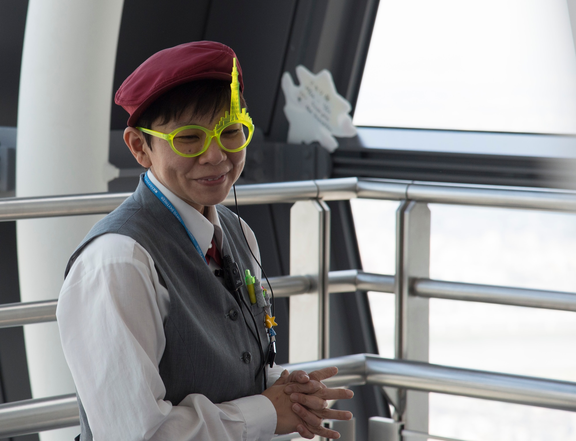 An employee waits for visitors at an observation deck at the Tokyo Skytree at Sumida, Tokyo, Japan, Sept. 12, 2014. The Skytree is the largest structure in Japan at a height of 634 meters. (U.S. Air Force photo by Senior Airman Michael Washburn/Released)