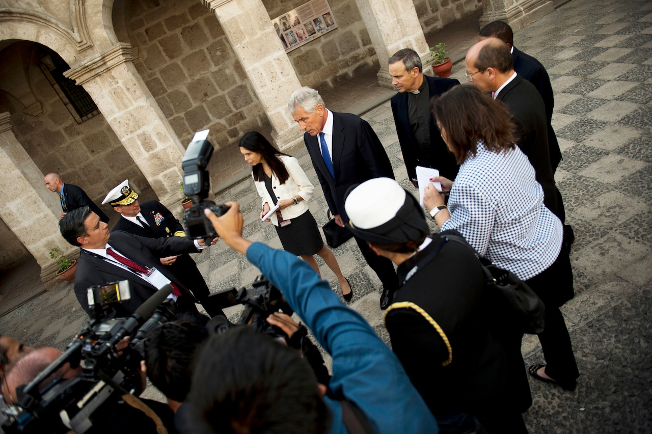 Defense Secretary Chuck Hagel hosts a news conference following a tour of the Compania de Jesus Church in Arequipa, Peru, during the Conference of the Defense Ministers of the Americas, Oct. 13, 2014. DoD photo by Air Force Master Sgt. Adrian Cadiz