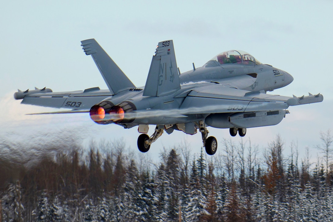 A U.S. Navy EA-18G Growler electronic warfare aircraft takes off from Eielson Air Force Base, Alaska, Oct. 6, 2014, during Red Flag-Alaska 15-1. The aircraft is assigned to Electronic Attack Squadron 133, Naval Air Station Whidbey Island, Wash.