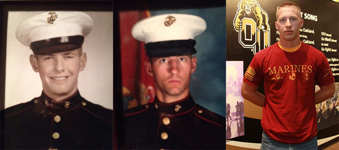James W. Newton III, right, is following in the footsteps of his father, James Newton II, center, and his grandfather, Jack Hartel, left, by going through the Platoon Leader’s Course to become a Marine. The PLC program is available to college freshman, sophomores and juniors attending any accredited four-year college. It is one of many ways to become a Marine Corps officer. (U.S. Marine Corps photo illustration)