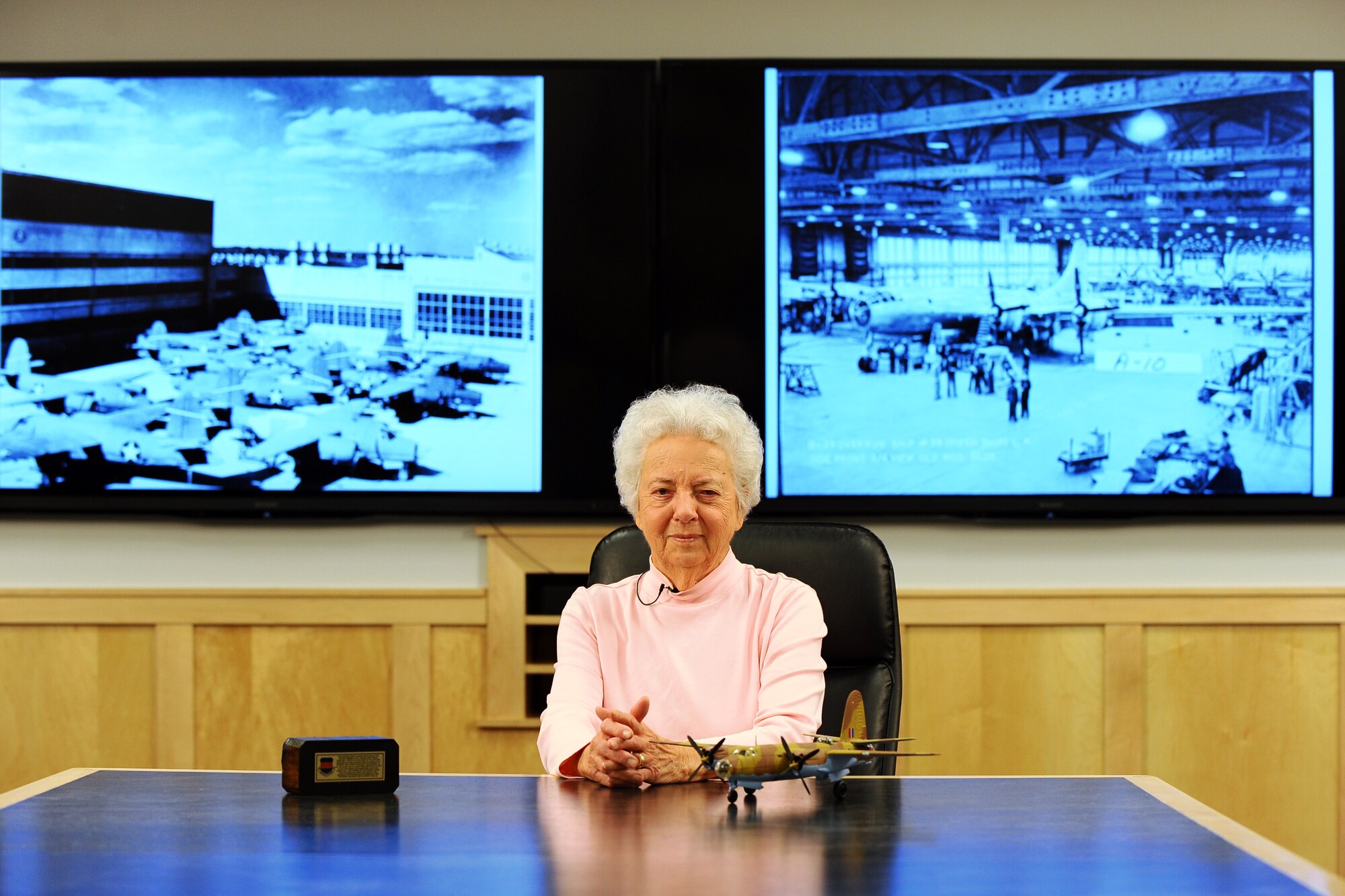 Kathryn Shudak sits in the Glenn L. Martin Bomber building where she worked during World War II as one of many Rosie the Riveters May 5, 2014, at Offutt Air Force Base, Neb. During the war, Shudak spent three years riveting B-29 Superfortress bombers as they made their way down the assembly line. (U.S. Air Force photo/Josh Plueger)