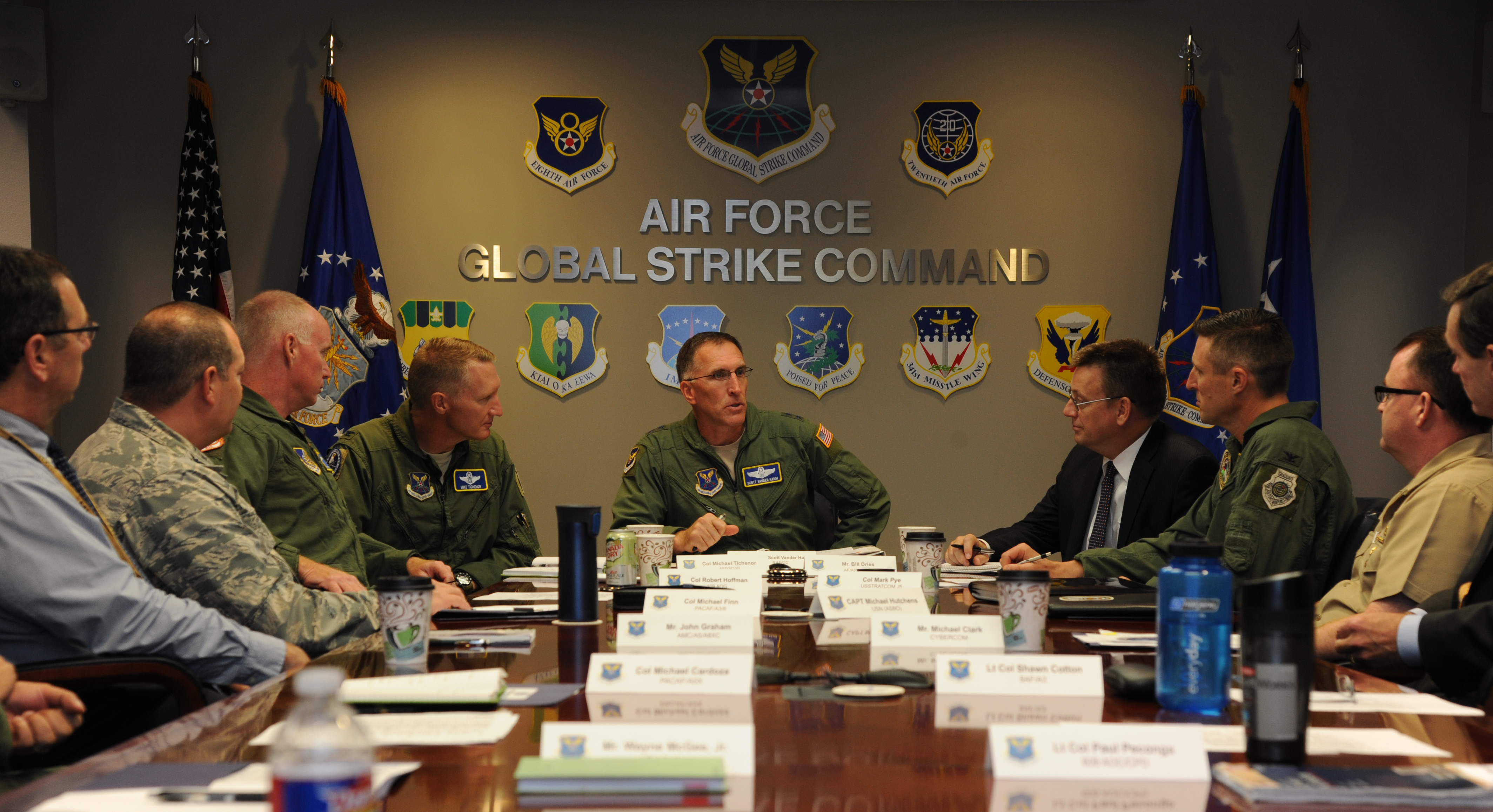 Maj. Gen. Scott Vander Hamm, center, and Col. Michael Tichenor, left of center, discuss expectations with the joint planning group Oct. 6, 2014, during the Global Strike Workshop at Barksdale Air Force Base, La. The workshop organizers crafted plans which integrated Air Force Global Strike Command assets into a joint environment, focusing on how to best utilize the total force in the most effective and efficient manner. Hamm is the 8th Air Force commander and Tichenor is the AFGSC inspector general. (U.S. Air Force photo/1st Lt. Christopher Mesnard) 