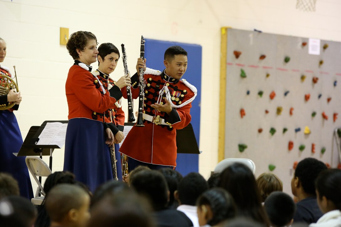 On Oct. 14, 2014, a woodwind quintet from "The President's Own" including flutist Staff Sgt. Kara Santos, oboe player Staff Sgt. Tessa Vinson, clarinet player Gunnery Sgt. Harry Ong, bassoon player Gunnery Sgt. Bernard Kolle, and French horn player Staff Sgt. Cecilia Kozlowski, performed a Music in the Schools program at Randolph Elementary School in Arlington, Va. (U.S. Marine Corps photo by Master Sgt. Kristin duBois/released)