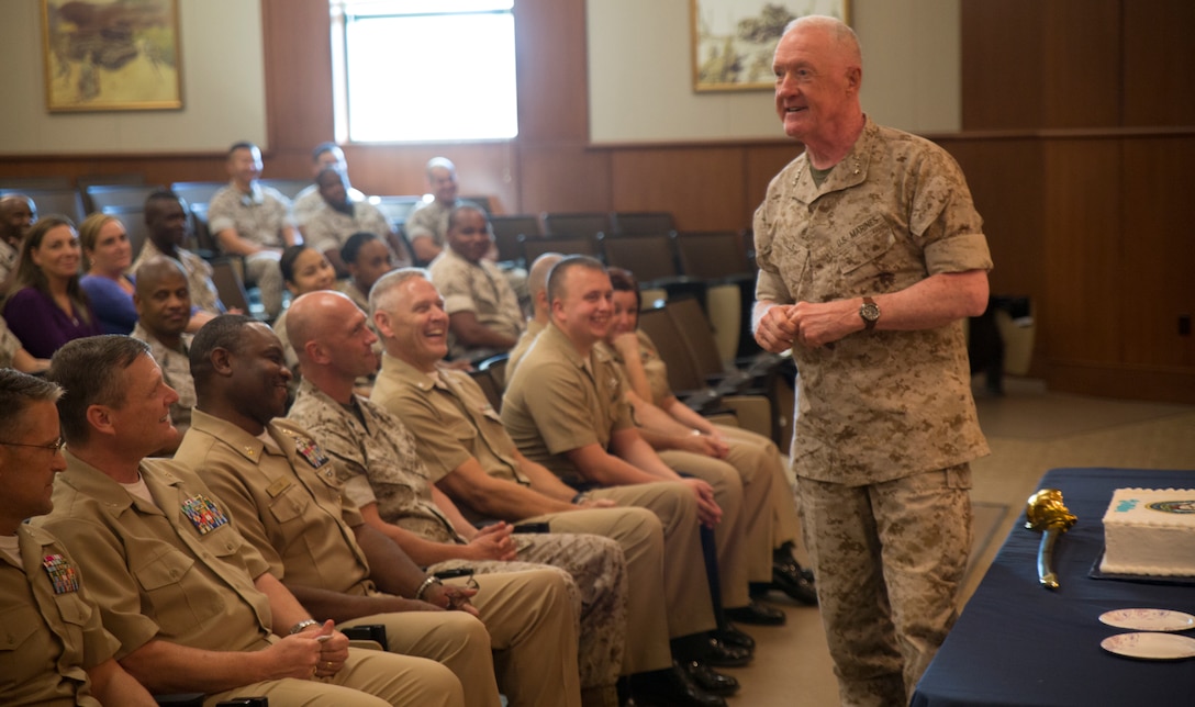 Lt. Gen. Richard P. Mills, commander of Marine Forces Reserve, addresses Marines and Sailors during the Navy’s birthday celebration ceremony at Marine Corps Support Facility New Orleans, Oct. 15, 2014.  The United States Navy celebrated its 239th birthday with the traditional bell ringing and cake cutting ceremony.
