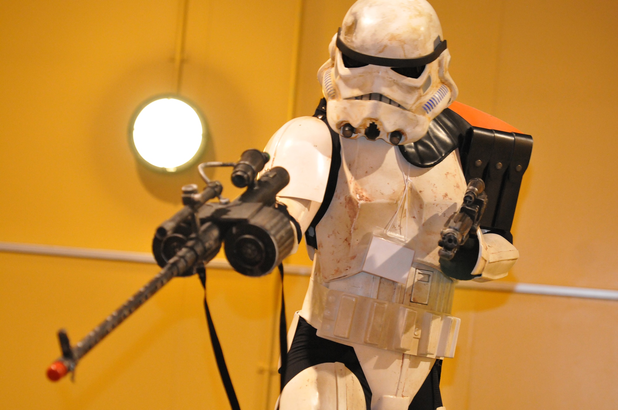 A participant dressed as a Star Wars stormtrooper poses during the Misawa Omnicon 2014 adult cosplay competition at Misawa Air Base, Japan, Oct. 11, 2014. Contestants competed to see who could win the hearts of the crowd and judges by acting like their character. (U.S. Air Force photo by Senior Airman Jose L. Hernandez-Domitilo)