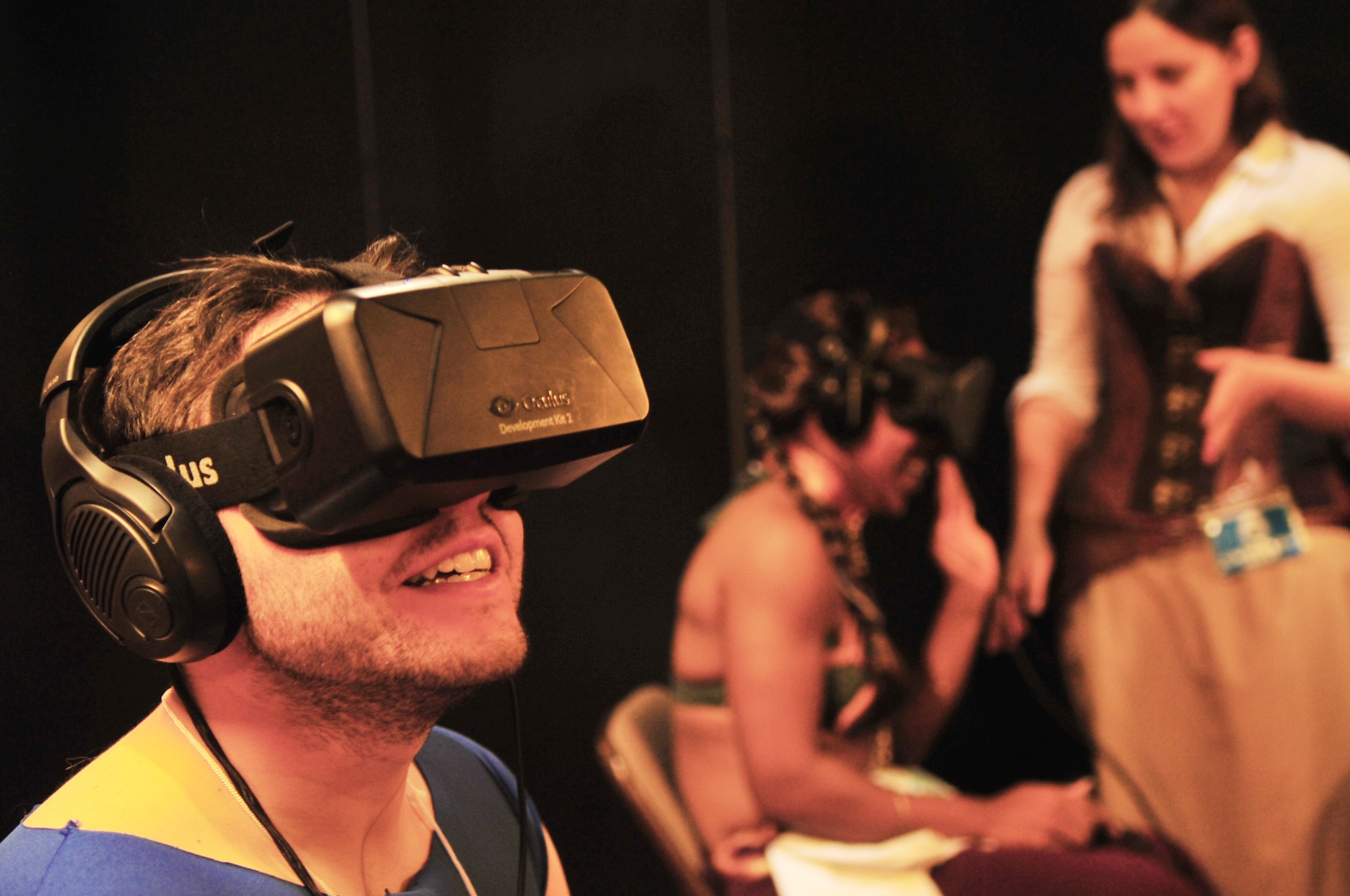 U.S. Air Force Senior Airman Keegan Early, 35th Maintenance Group maintenance production management journeyman, tries on the Oculus Rift gaming experience goggles during Misawa Omnicon 2014 at Misawa Air Base, Japan, Oct. 11, 2014. The Oculus Rift is a next generation gaming accessory that gives individuals a sense of real-life experience in a virtual game world. (U.S. Air Force photo by Senior Airman Jose L. Hernandez-Domitilo)