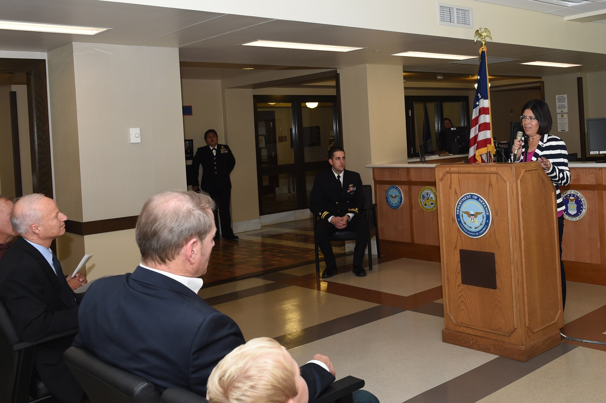 Cindy Dietz speaks during the rededication of the Denver Military Entrance Processing Station ceremony room in honor of her son, Petty Officer 2nd Class Danny Dietz, Navy SEAL, Oct. 14, 2014 at the Denver MEPS along with members from all branches of military service and Denver community members. Danny was part of a four-person Navy SEAL reconnaissance team deployed to Afghanistan during Operation Enduring Freedom. He was killed during the mission. (U.S. Air Force photo by Airman 1st Class Samantha Saulsbury/Released)