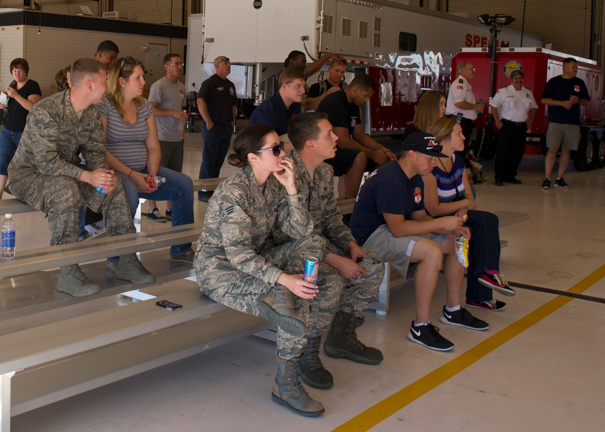 Members from Team Holloman come out to Fire Station 1 to show their support for the 2nd Annual Fire Fighter Challenge at Holloman Air Force Base, N.M. Oct. 10. There were five events held during the challenge, which was open to all base organizations. (U.S. Air Force photo by Staff Sgt. E’Lysia Wray/Released)