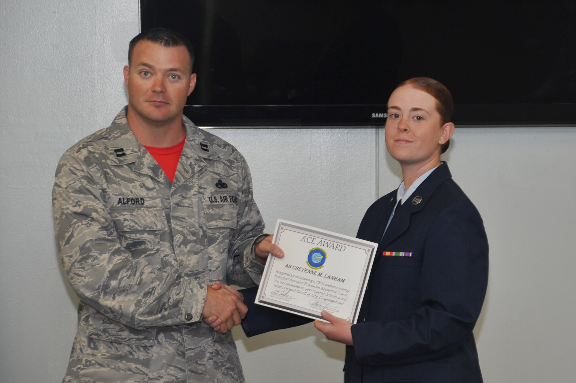 Airman Cheyenne Lanham, a 361st Training Squadron aerospace propulsion graduate from Portland, Ore., earned the ACE award Oct. 10, 2014, by maintaining a 100 percent average throughout seven blocks of instruction at Sheppard Air Force Base, Texas.