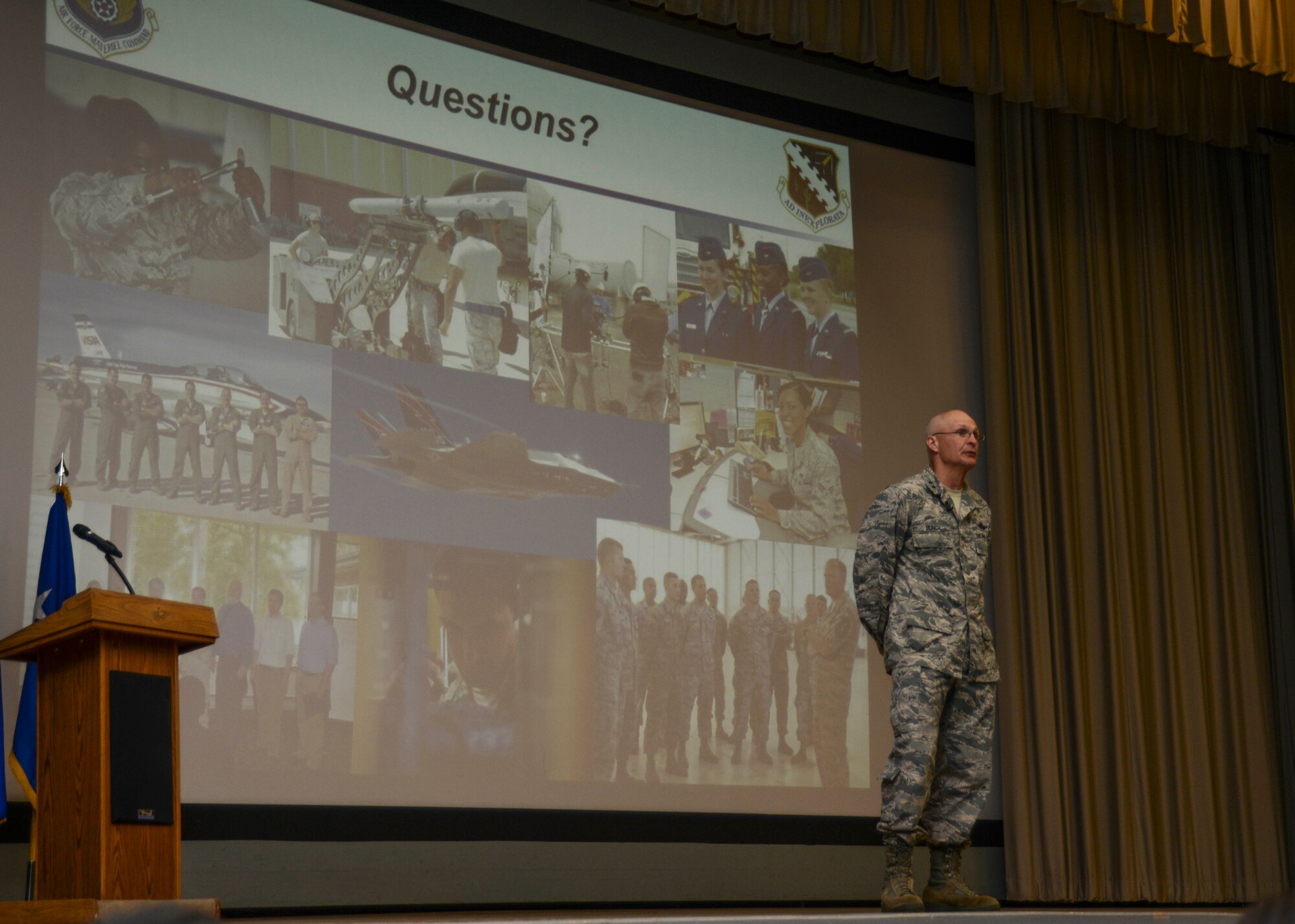 Maj. Gen. Arnold Bunch Jr., Air Force Test Center commander, discussed his six strategic goals for the test center at a commanders call Oct. 14 in the base theater. (U.S. Air Force photo by Rebecca Amber) 