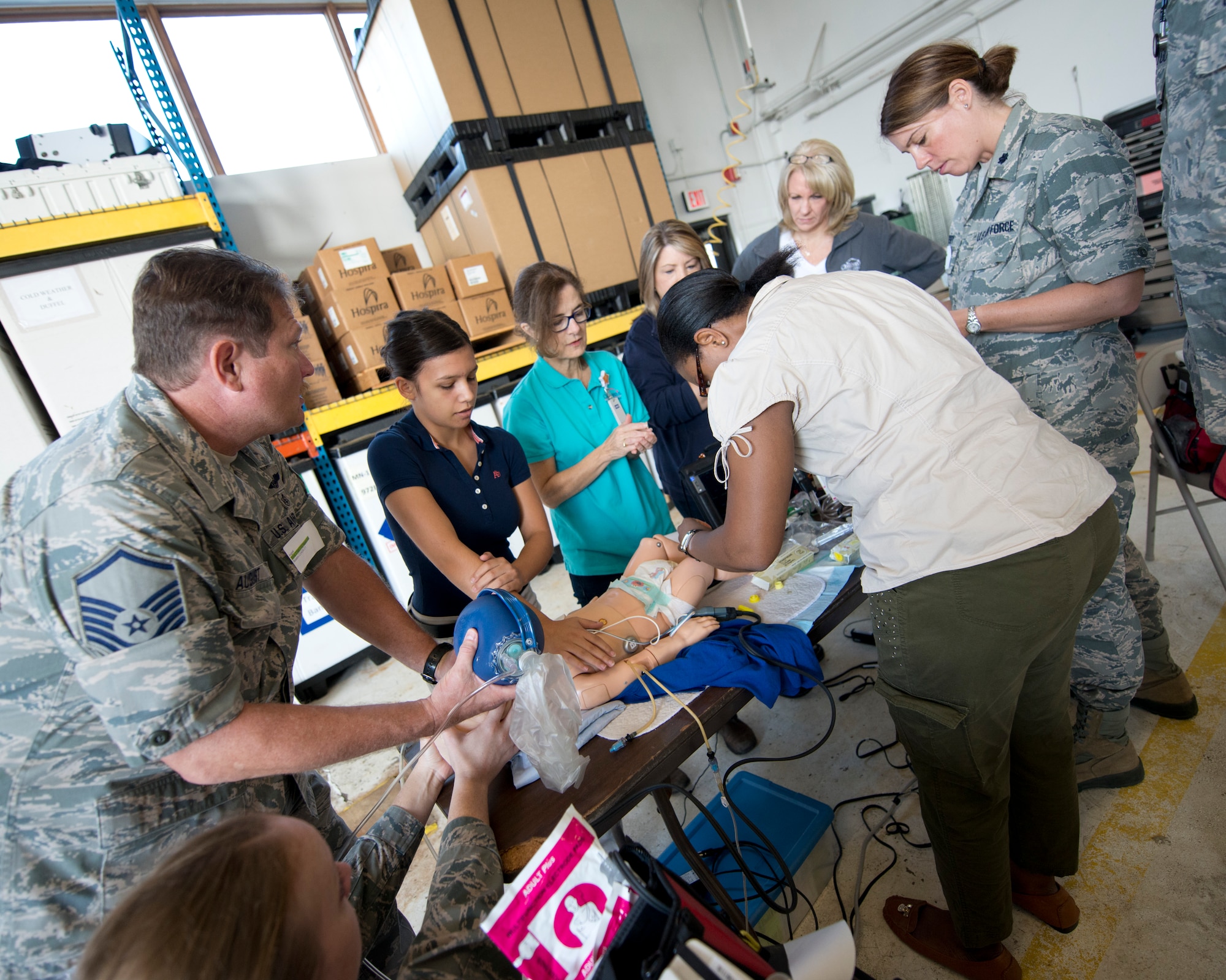 The 133rd Airlift Wing hosted an event that brought in specialists from Children’s Hospital of St. Paul, Minn. to train members of the Wing’s Medical Squadron during Sept. drill.  (U.S. Air National Guard photo by Tech. Sgt. Paul Santikko/Released)