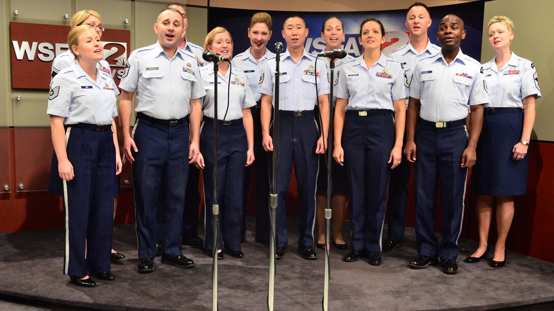 Members of the Singing Sergeants perform "Freedom Song" on an Alabama Live! broadcast on WFSA, Channel 12 in Montgomery, Alabama. (U.S. Air Force photo by Senior Master Sgt. Bob Kamholz/released)