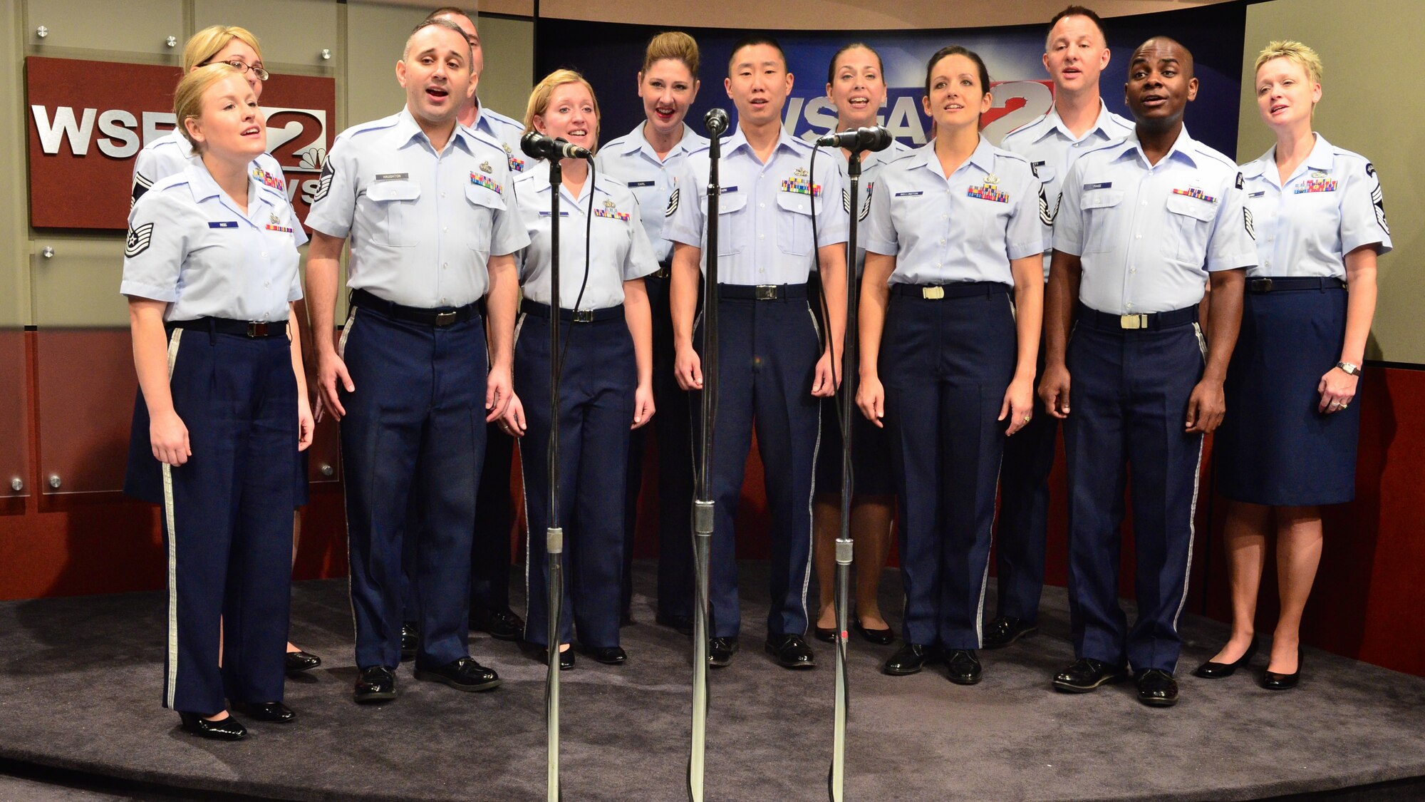 Members of the Singing Sergeants perform "Freedom Song" on an Alabama Live! broadcast on WFSA, Channel 12 in Montgomery, Alabama. (U.S. Air Force photo by Senior Master Sgt. Bob Kamholz/released)