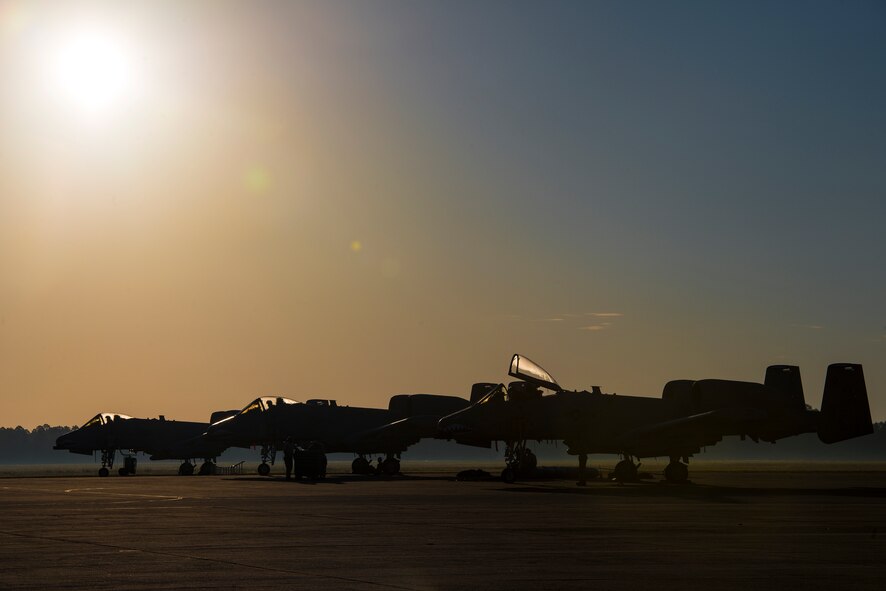 A row of A-10C Thunderbolt II aircraft from the 23d Fighter Group sit under the sun Oct. 9, 2014, at Avon Park Air Force Range, Fla. The 23d FG, operating at Moody Air Force Base, Ga., has three flying squadrons. (U.S. Air Force Photo by Airman 1st Class Ryan Callaghan/Released)