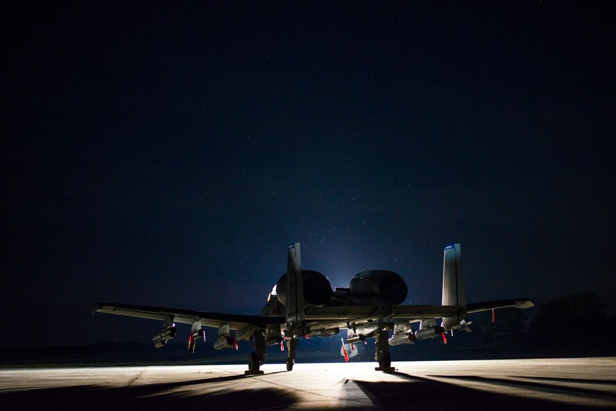 An A-10C Thunderbolt II from the 23d Fighter Group rests on the flightline Oct. 8, 2014, at Avon Park Air Force Range, Fla. The 23d FG deployed six A-10Cs to Avon Park as part of a Wing Readiness Inspection. (U.S. Air Force Photo by Airman 1st Class Ryan Callaghan/Released)