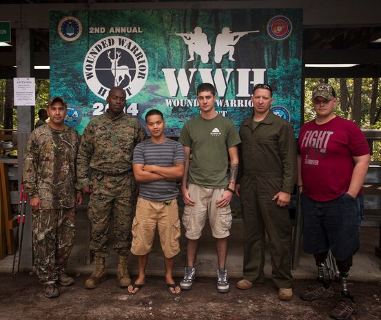 Marines from Camp Lejeune, N.C., and Marine Corps Base Quantico, Va., enjoyed two days of deer hunting Oct. 2 and 3,   2014, at Marrington Plantation on Joint Base Charleston, S.C.(Left to right) Sgt. Martin Carrizales, Sgt. Isles Oriel, Cpl. Richard Ung, Cpl. Garrison Benz, Sgt. Mike Jacobs and Sgt. Christopher Hancock. (U.S. Air Force photo / Senior Airman Tom Brading) 