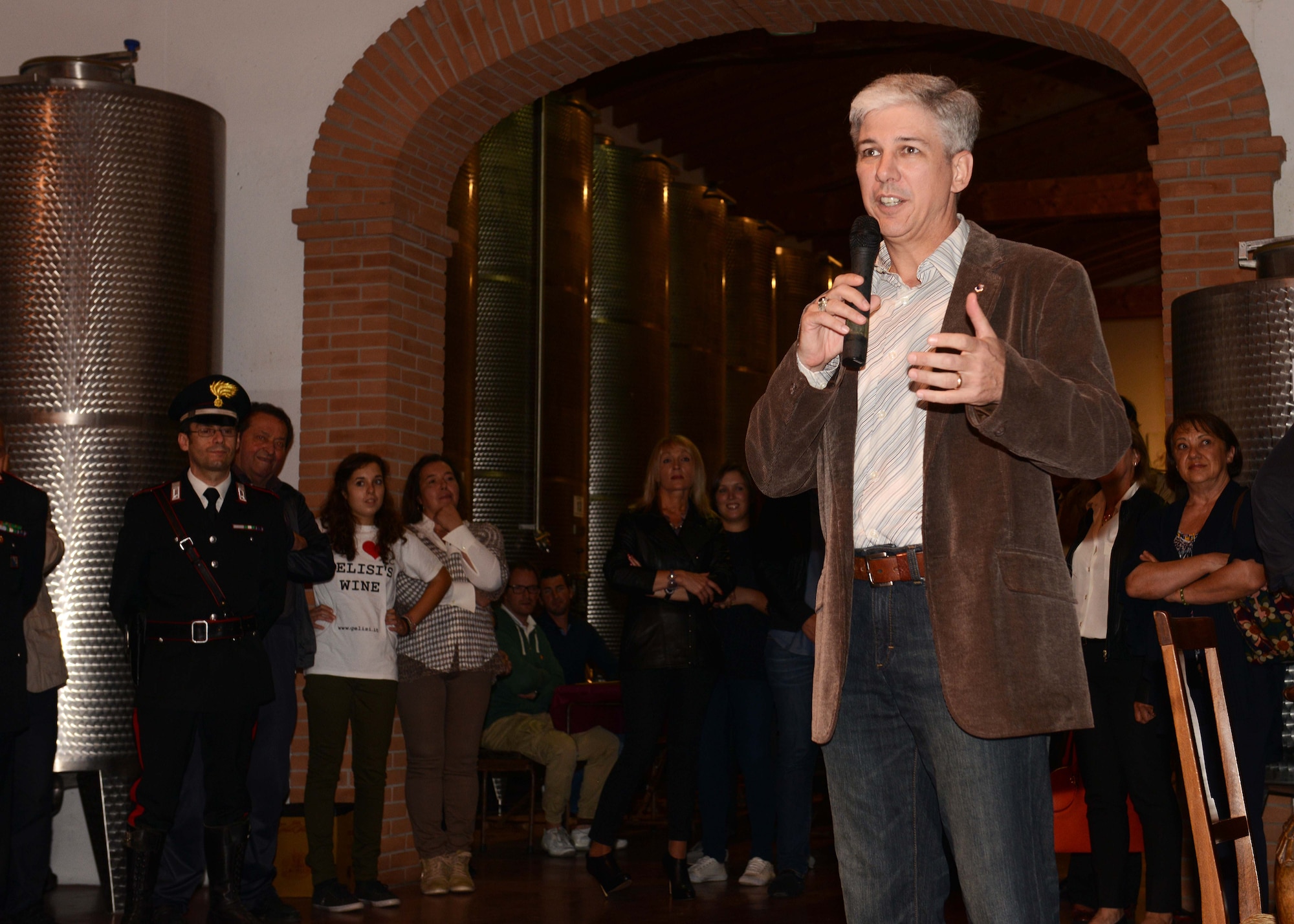 Brig. Gen. Barre Seguin, 31st Fighter Wing commander, gives opening remarks during a responsible drinking event, Oct. 11, 2014, in San Quirino, Italy. More than 40 Airmen attended the event to learn about responsible drinking and Italian drinking and driving laws. (U.S. Air Force photo/Airman 1st Class Deana Heitzman)