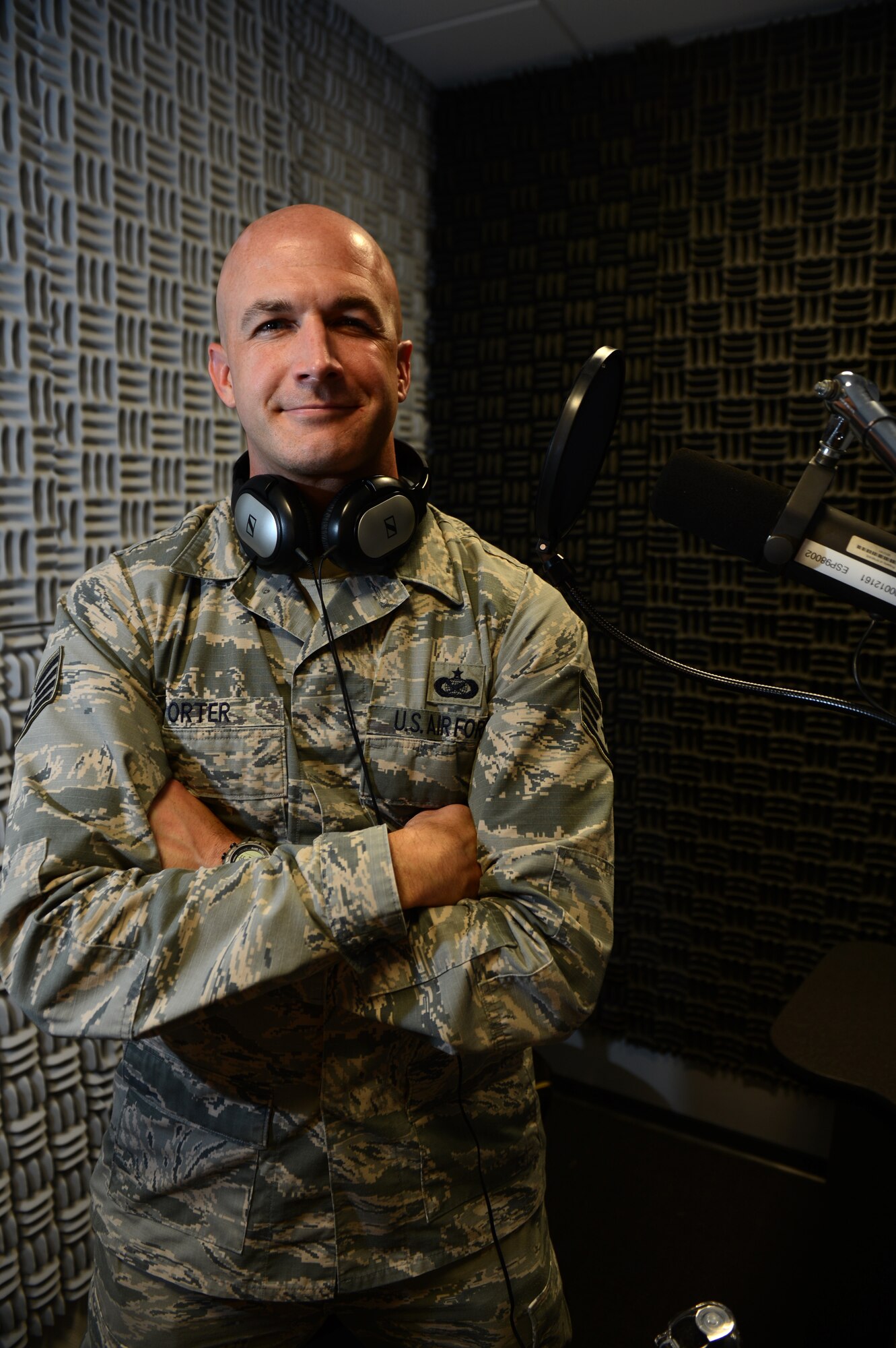 U.S. Air Force Staff Sgt. Jonathan D. Porter, American Forces Network-Spangdahlem NCO in charge of News from San Antonio, is the Super Saber Performer for the week of Oct. 15-21, 2014. (U.S. Air Force photo by Senior Airman Gustavo Castillo/Released)