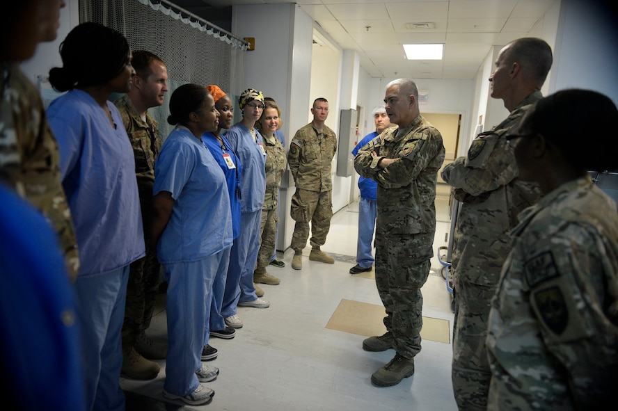 U.S. Army Gen. John Campbell, International Security Assistance Force and United States Forces- Afghanistan commander speaks to Airmen with the 455th Expeditionary Medical Group at Bagram Airfield, Afghanistan Oct. 12, 2014.  Campbell visited several units and thanked Airmen for their service.  (U.S. Air Force photo by Staff Sgt. Evelyn Chavez/Released)